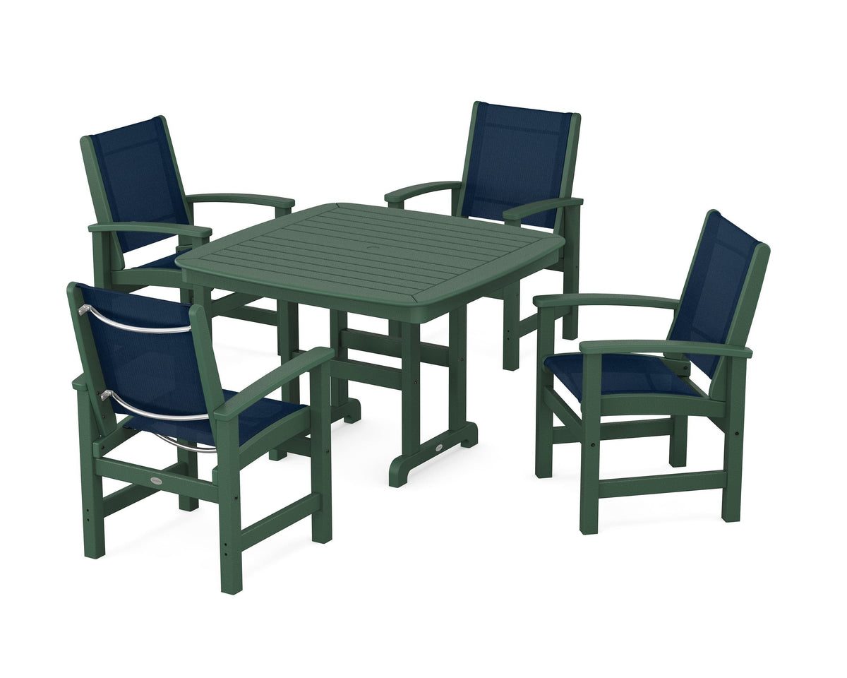 POLYWOOD Coastal 5-Piece Dining Set with Nautical 44" Dining Table in Green / Navy Blue