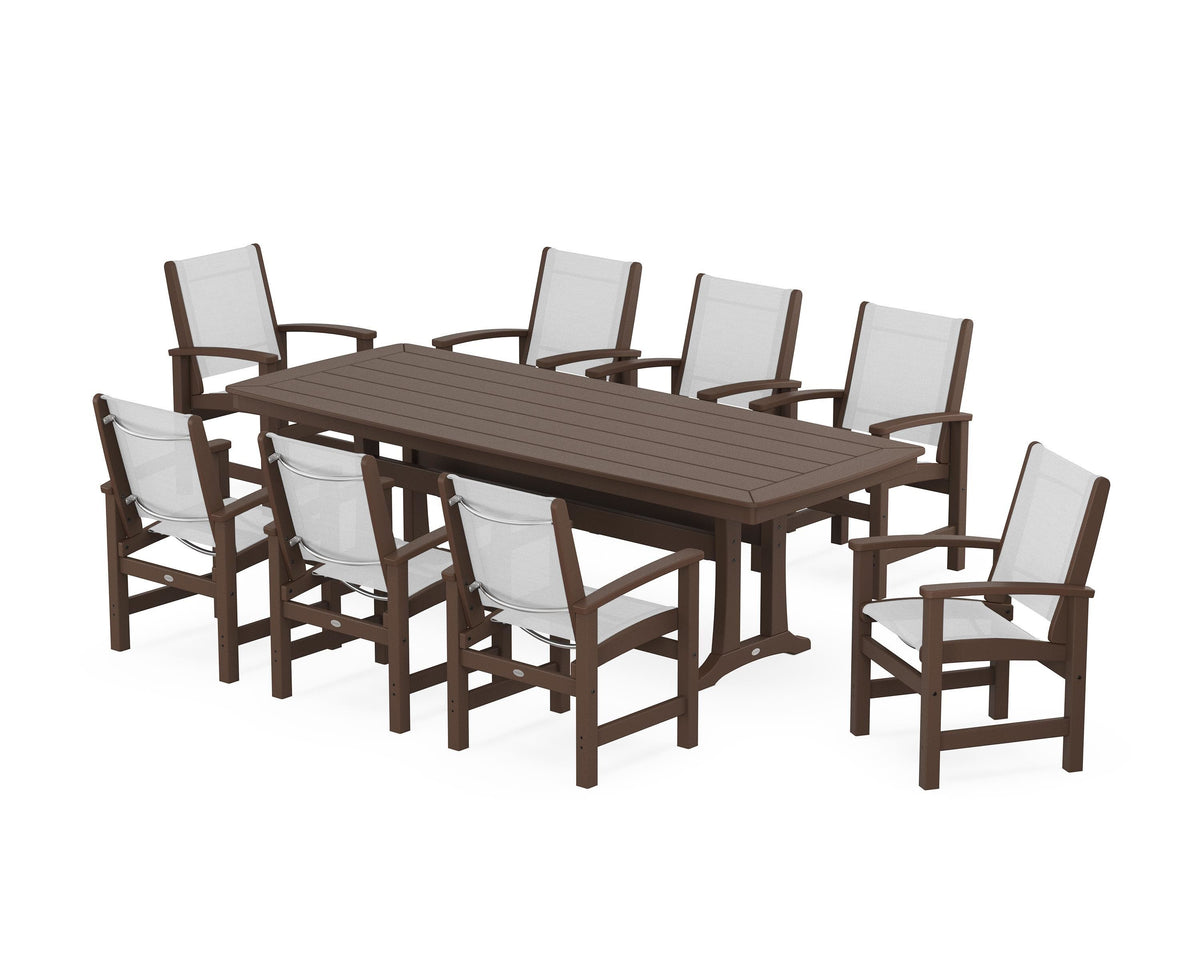 POLYWOOD Coastal 9-Piece Dining Set with Trestle Legs in Mahogany / White