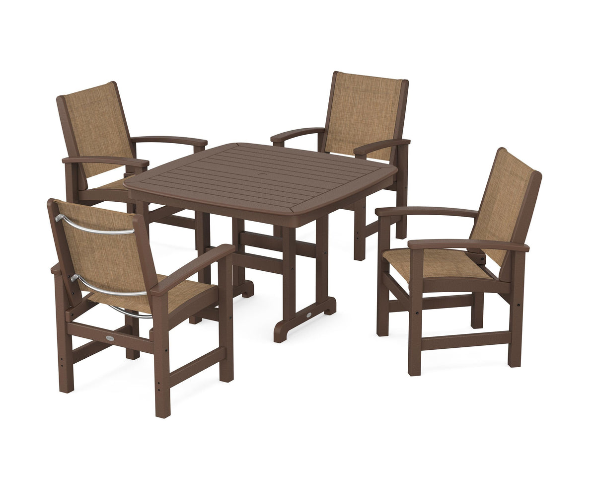 POLYWOOD Coastal 5-Piece Dining Set with Nautical 44" Dining Table in Mahogany / Burlap