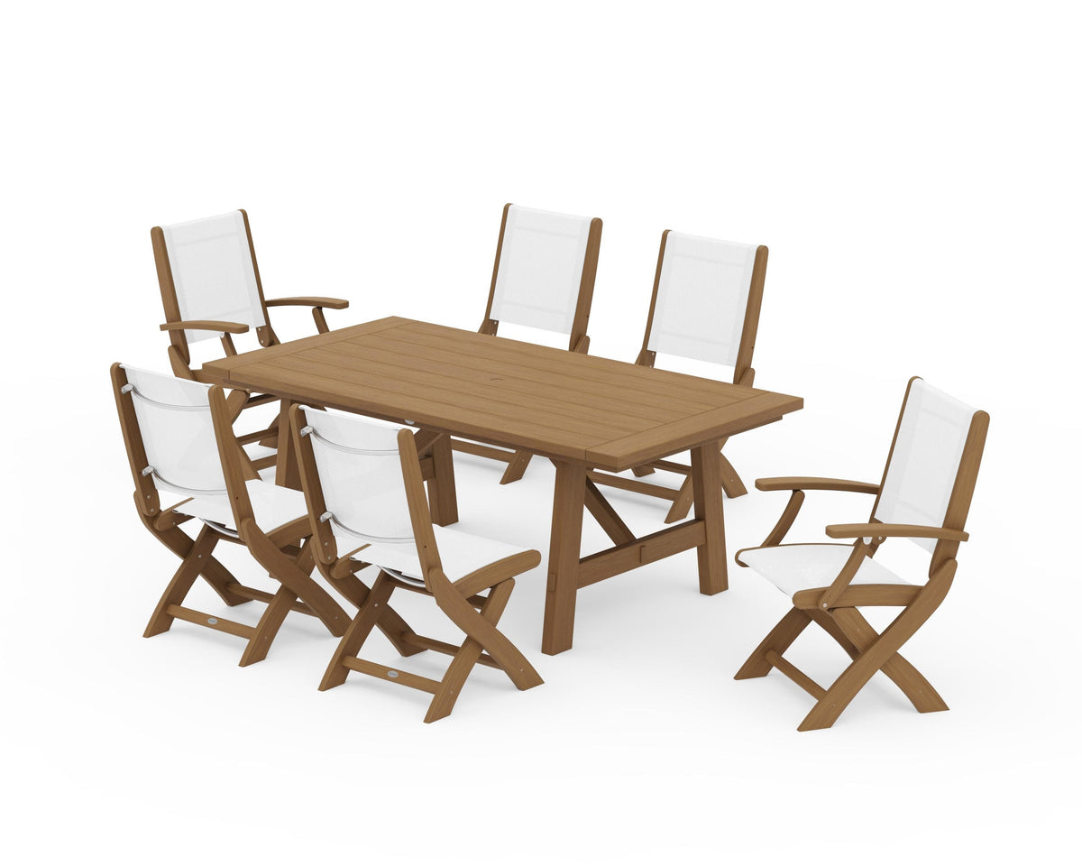 POLYWOOD Coastal Folding Chair 7-Piece Rustic Farmhouse Dining Set in Natural / White