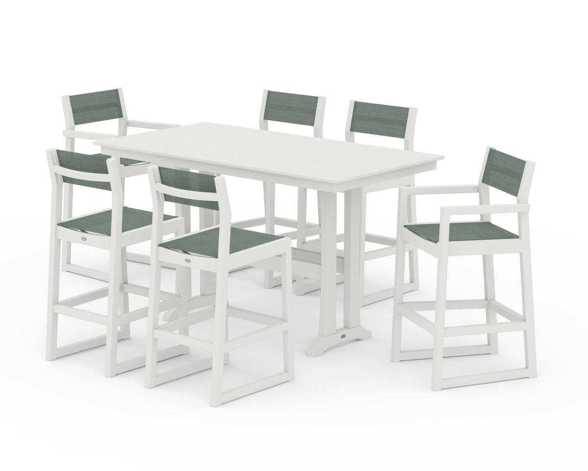 POLYWOOD EDGE Sling 7-Piece Farmhouse Bar Set with Trestle Legs in Vintage White / Dupioni Sea Mist