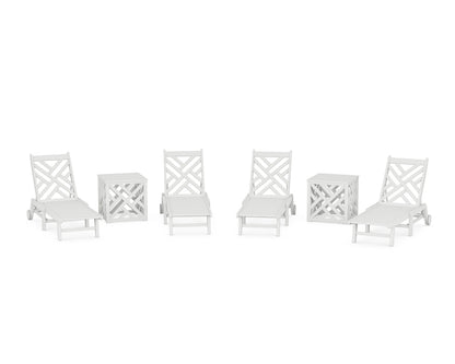 POLYWOOD Chippendale 6-Piece Chaise Set with Wheels and Umbrella Stand Accent Table in White