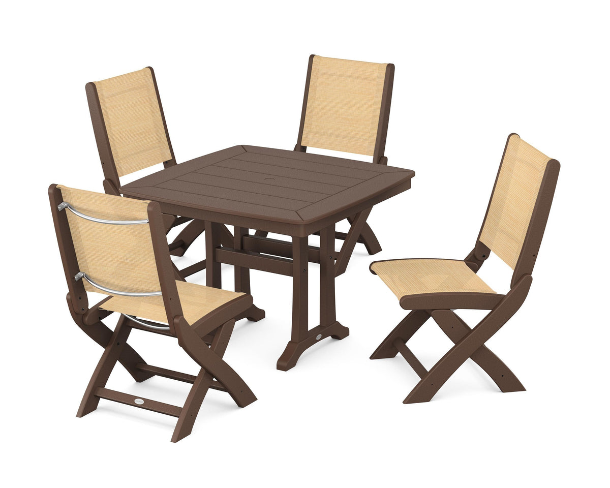 POLYWOOD Coastal Folding Side Chair 5-Piece Dining Set with Trestle Legs in Mahogany / Dupioni Apricot