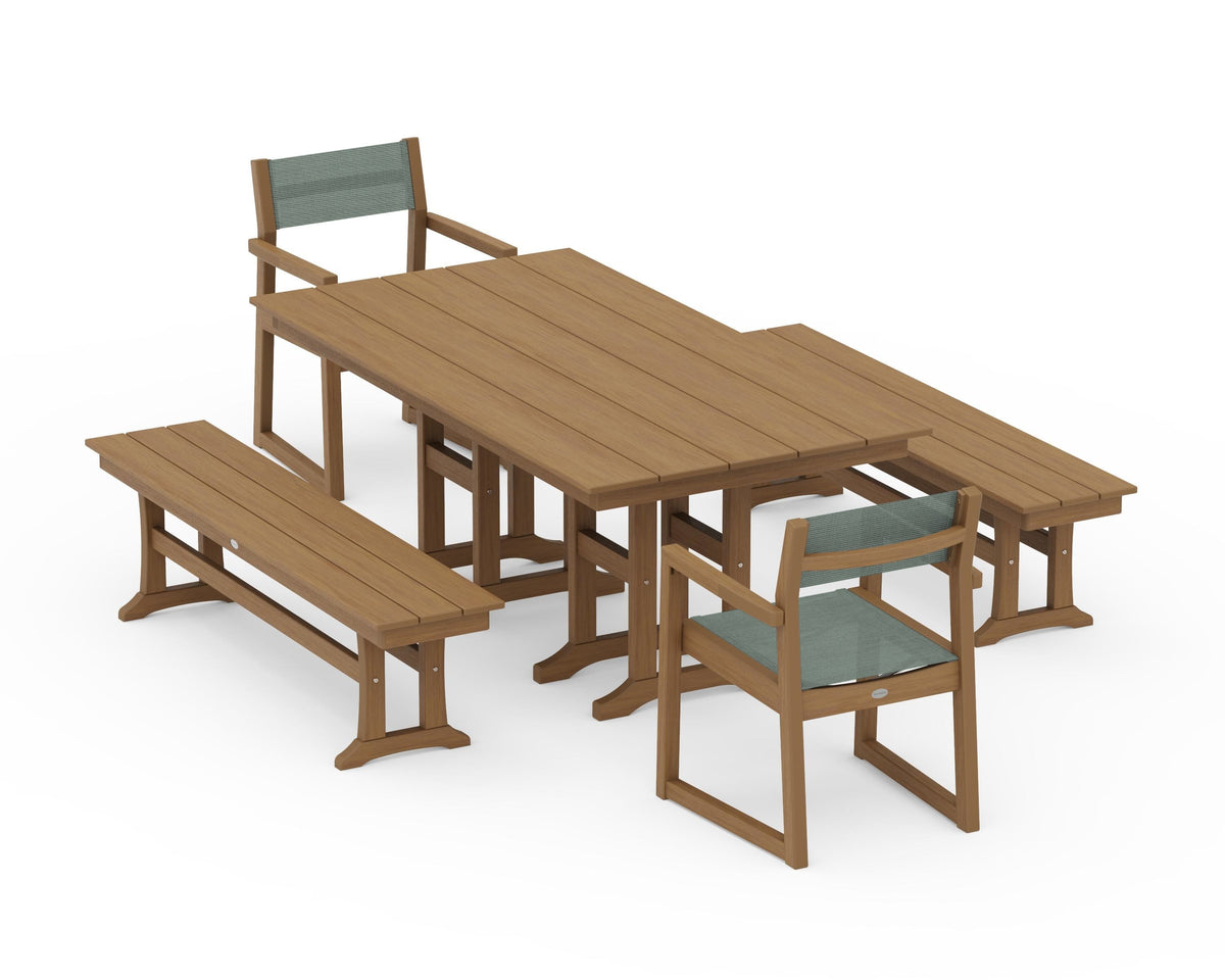 POLYWOOD EDGE Sling Arm Chair 5-Piece Farmhouse Dining Set with Benches in Natural / Dupioni Sea Mist