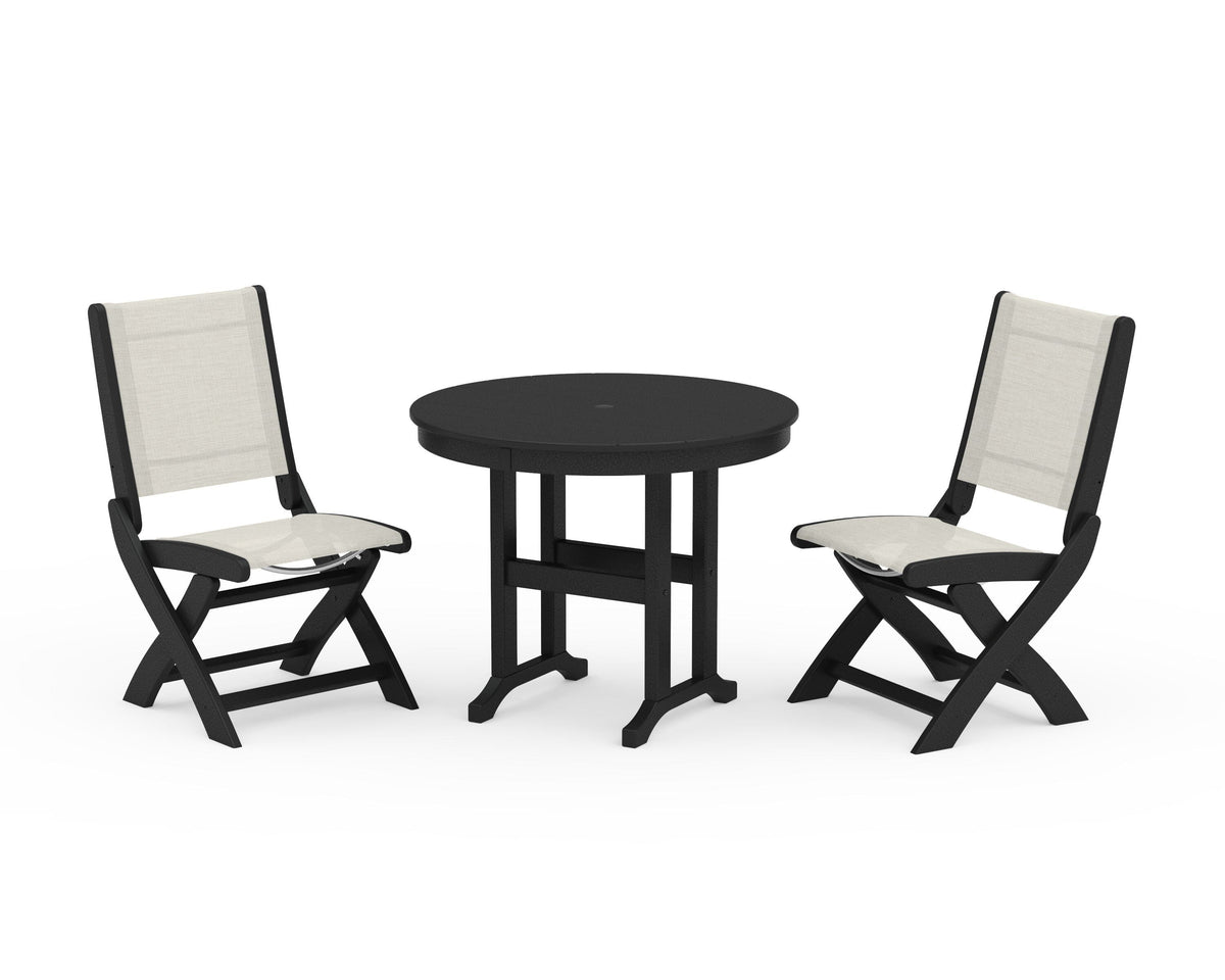 POLYWOOD Coastal Folding Side Chair 3-Piece Round Dining Set in Black / Parchment