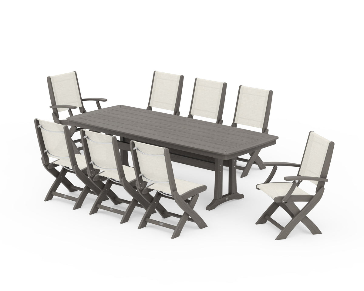 POLYWOOD Coastal Folding 9-Piece Dining Set with Trestle Legs in Driftwood / Parchment