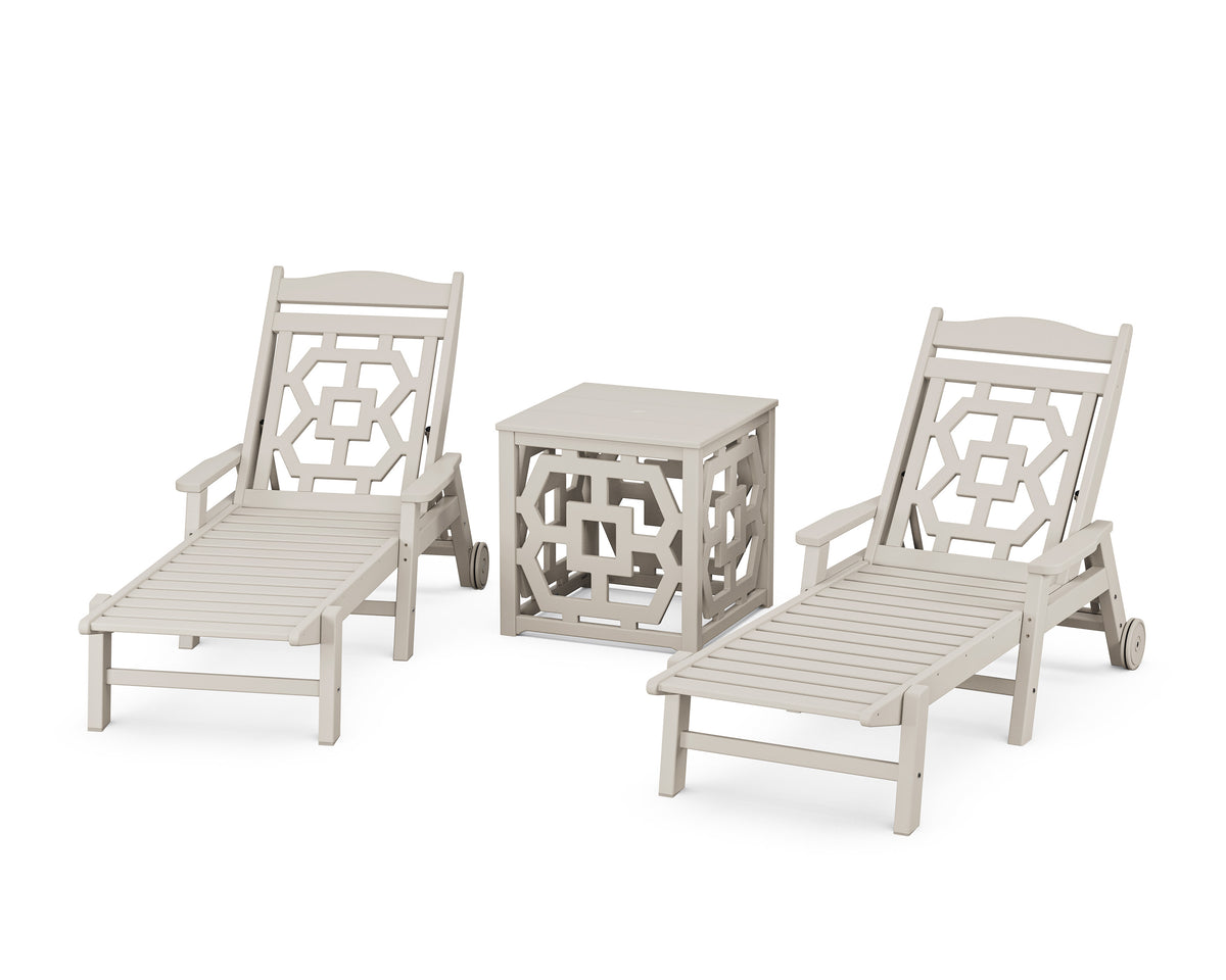 POLYWOOD Chinoiserie 3-Piece Chaise Set with Umbrella Stand Accent Table in Sand