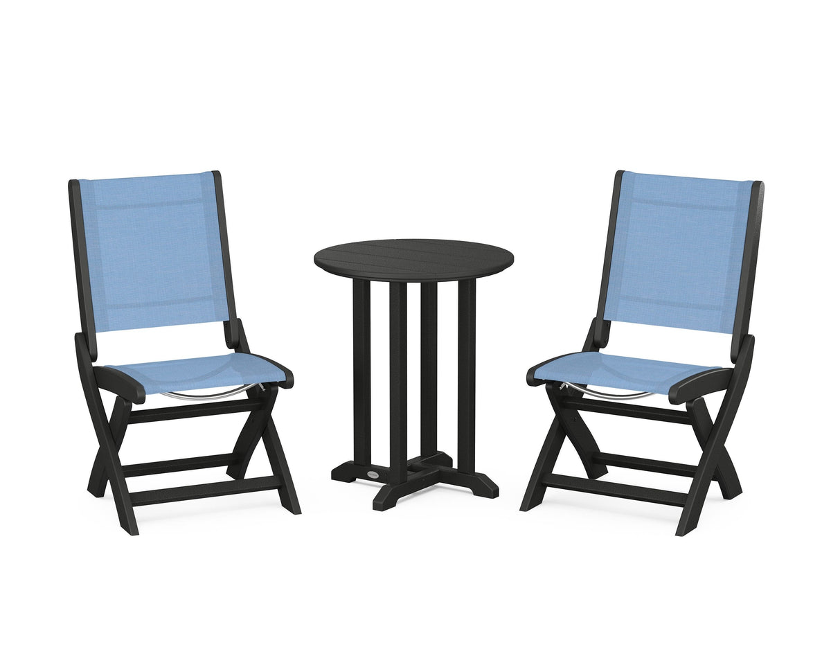 POLYWOOD Coastal Folding Side Chair 3-Piece Round Bistro Dining Set in Black / Poolside