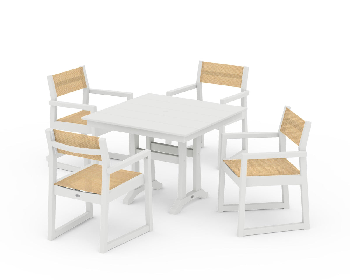 POLYWOOD EDGE Sling 5-Piece Farmhouse Dining Set with Trestle Legs in Vintage White / Dupioni Apricot