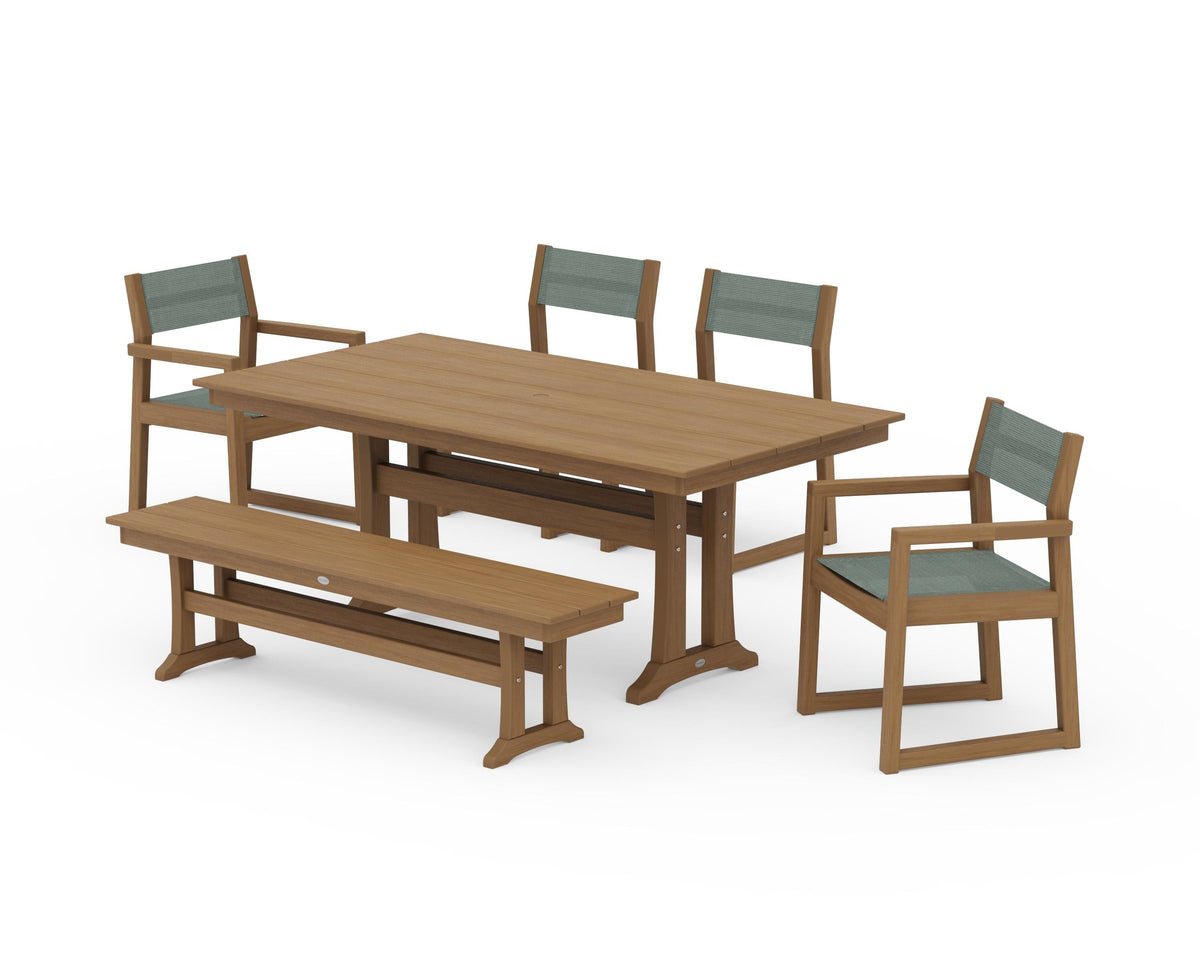 POLYWOOD EDGE Sling 6-Piece Farmhouse Dining Set With Trestle Legs in Natural / Dupioni Sea Mist
