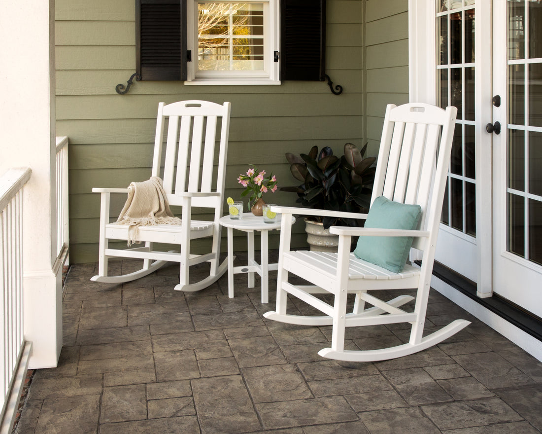 POLYWOOD Nautical 3-Piece Porch Rocking Chair Set with Round 18" Side Table in White in an outdoor setting