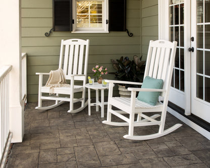 POLYWOOD Nautical 3-Piece Porch Rocking Chair Set with Round 18" Side Table in White in an outdoor setting
