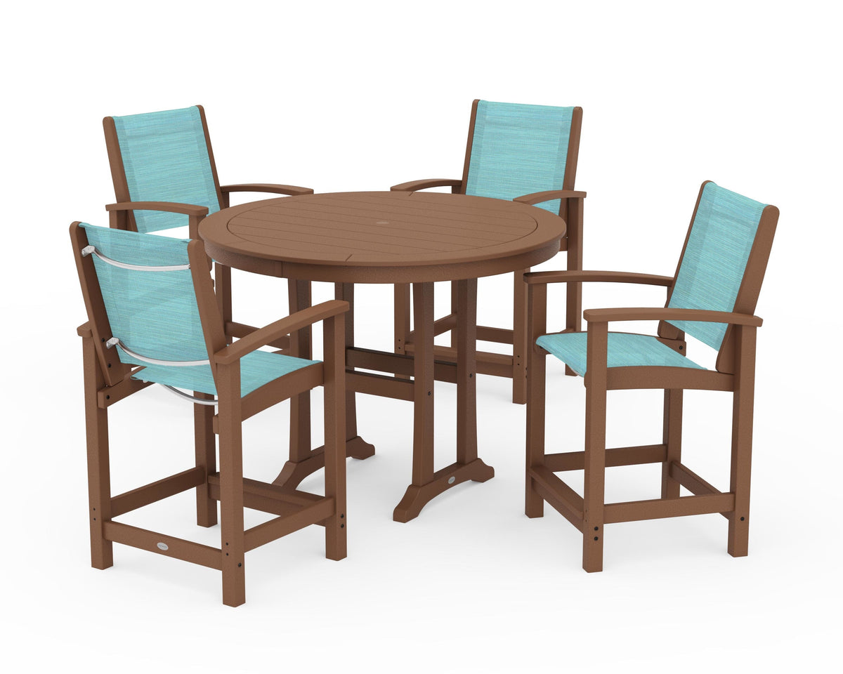 POLYWOOD Coastal 5-Piece Counter Set in Teak / Dupioni Aquamarine