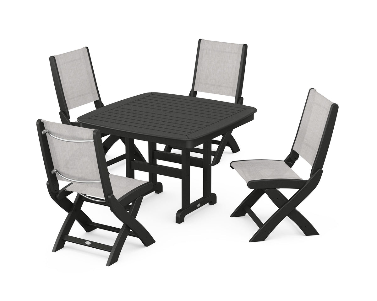 POLYWOOD Coastal Folding Side Chair 5-Piece Dining Set with Nautical 44" Dining Table in Black / Parchment