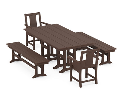 POLYWOOD Prairie 5-Piece Farmhouse Dining Set with Benches in Mahogany