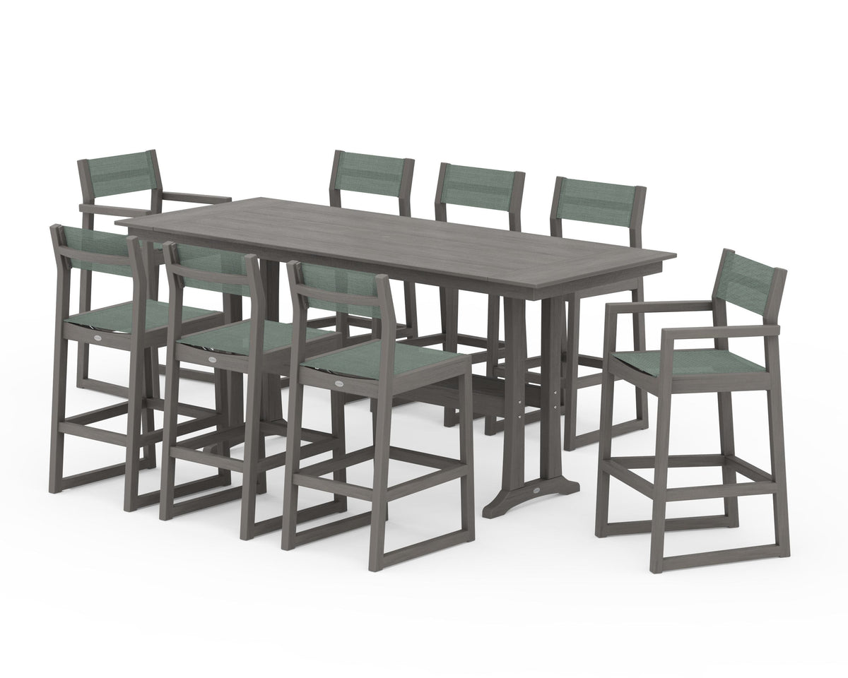 POLYWOOD EDGE Sling 9-Piece Farmhouse Bar Set with Trestle Legs in Driftwood / Dupioni Sea Mist