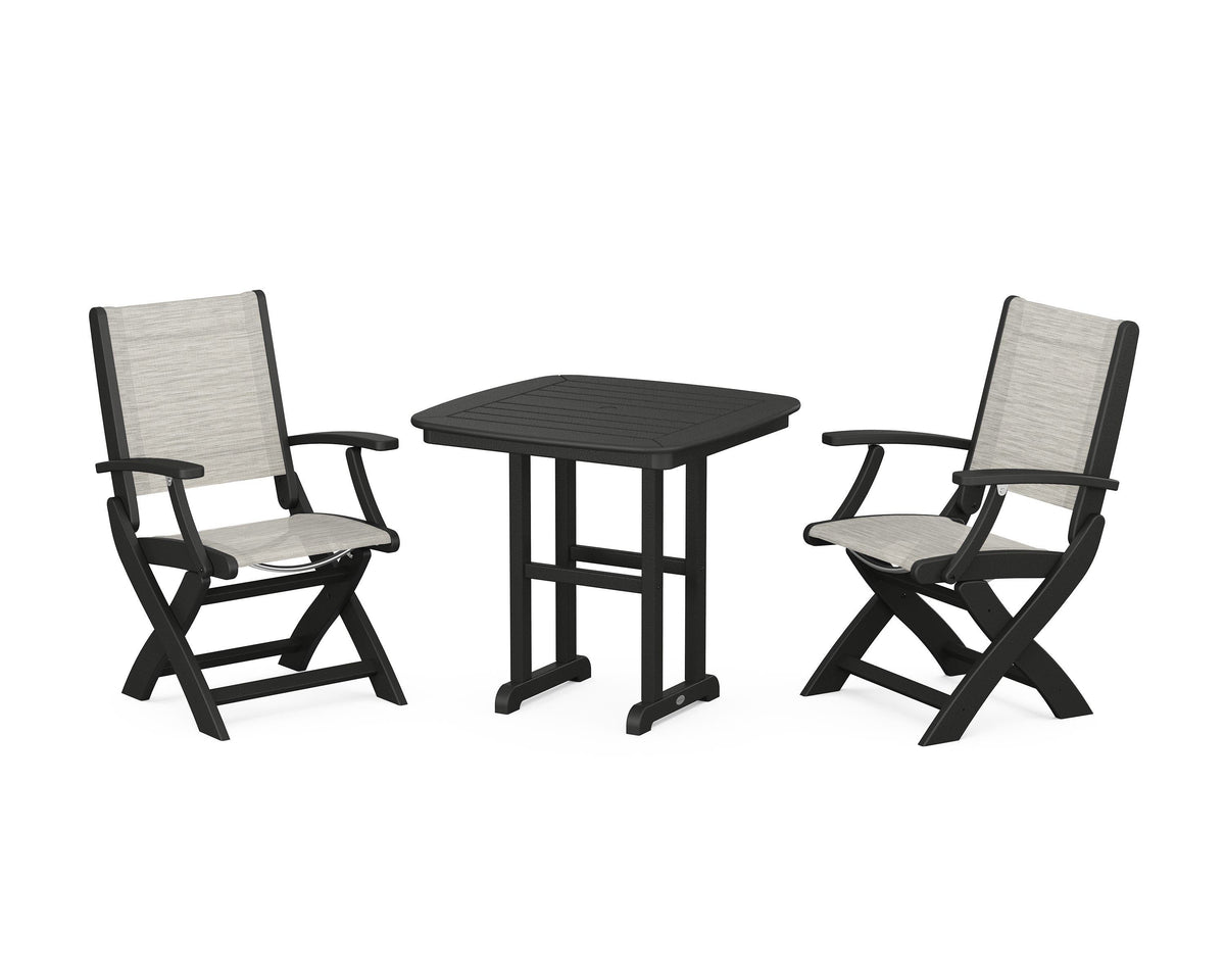 POLYWOOD Coastal Folding Chair 3-Piece Dining Set in Black / Birch