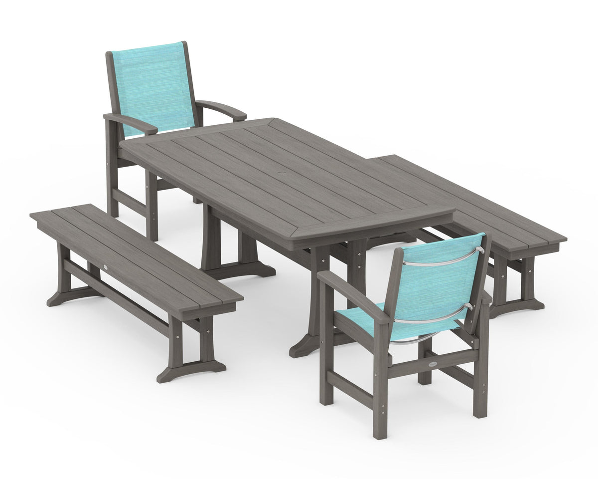 POLYWOOD Coastal 5-Piece Dining Set with Trestle Legs and Benches in Driftwood / Dupioni Aquamarine