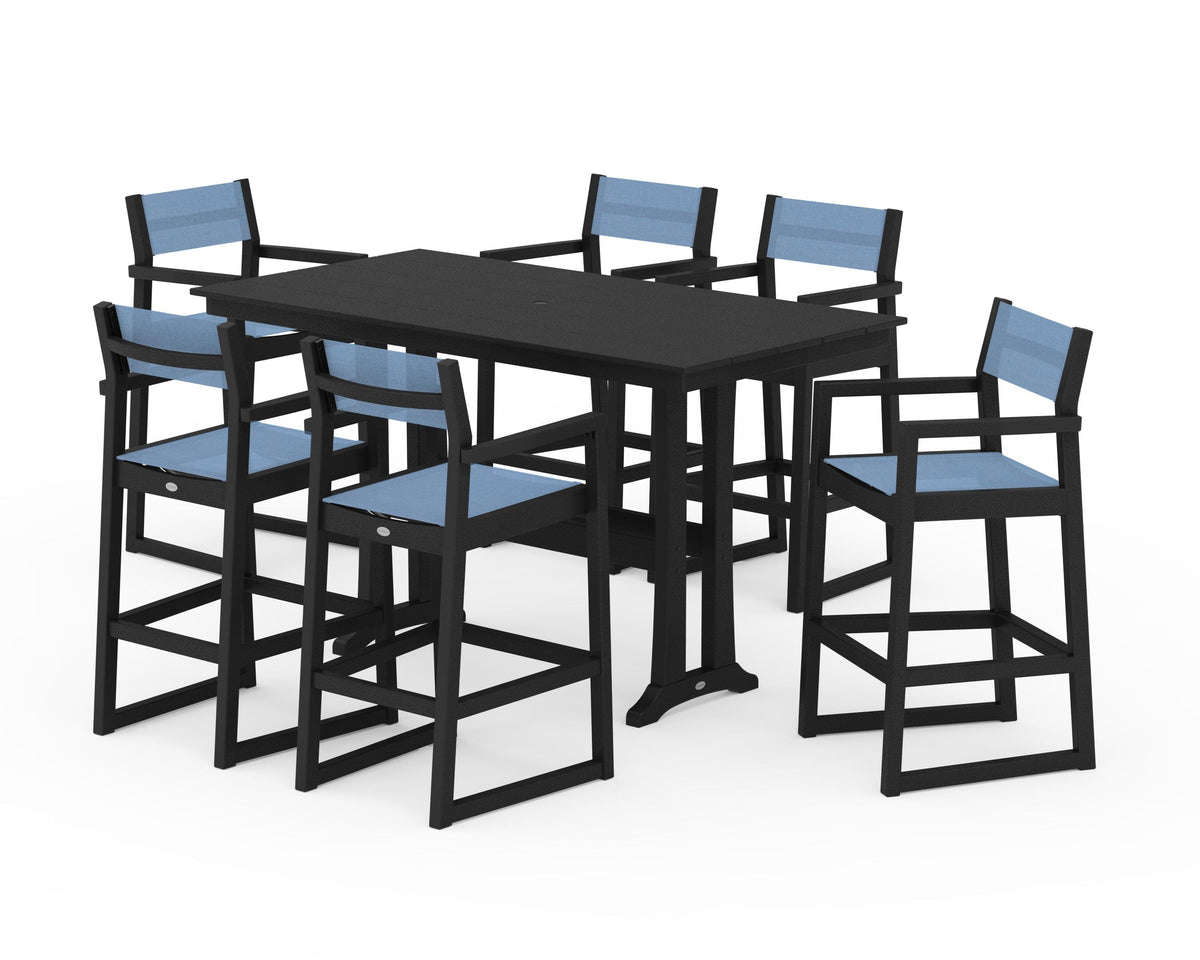 POLYWOOD EDGE Sling Arm Chair 7-Piece Farmhouse Bar Set with Trestle Legs in Black / Poolside