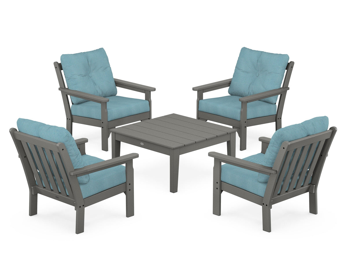POLYWOOD Vineyard 5-Piece Deep Seating Conversation Set in Slate Grey / Lattice Sky Blue
