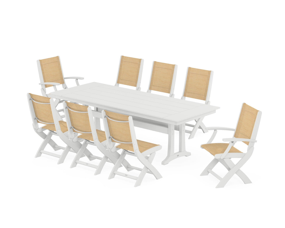 POLYWOOD Coastal 9-Piece Folding Dining Chair Farmhouse Dining Set with Trestle Legs in White / Dupioni Apricot