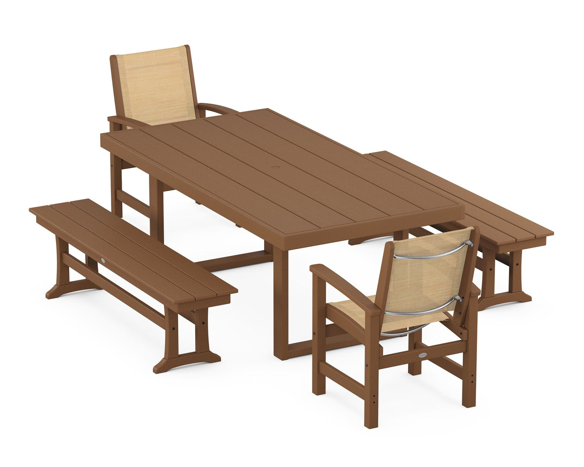 POLYWOOD Coastal 5-Piece Dining Set with Trestle Legs with EDGE 40" x 78" Dining Table in Teak / Dupioni Apricot