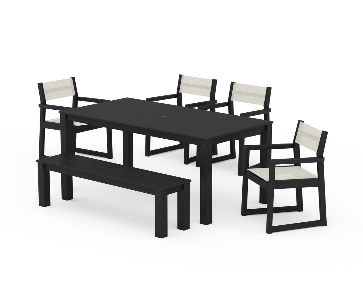 POLYWOOD EDGE Sling Arm Chair 6-Piece Parsons Dining Set with Bench in Black / Parchment