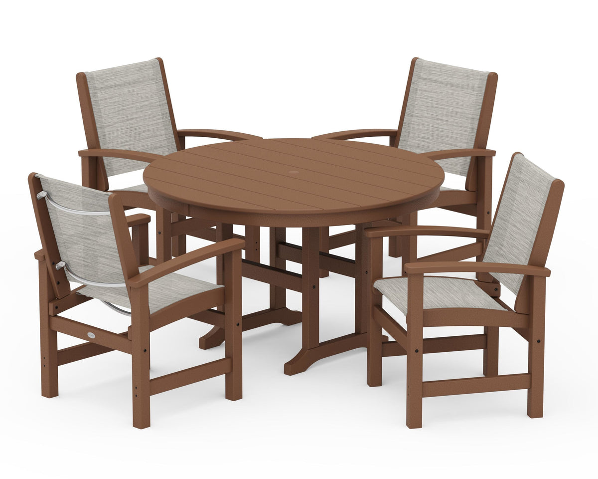 POLYWOOD Coastal 5-Piece Round Farmhouse Dining Set in Teak / Birch