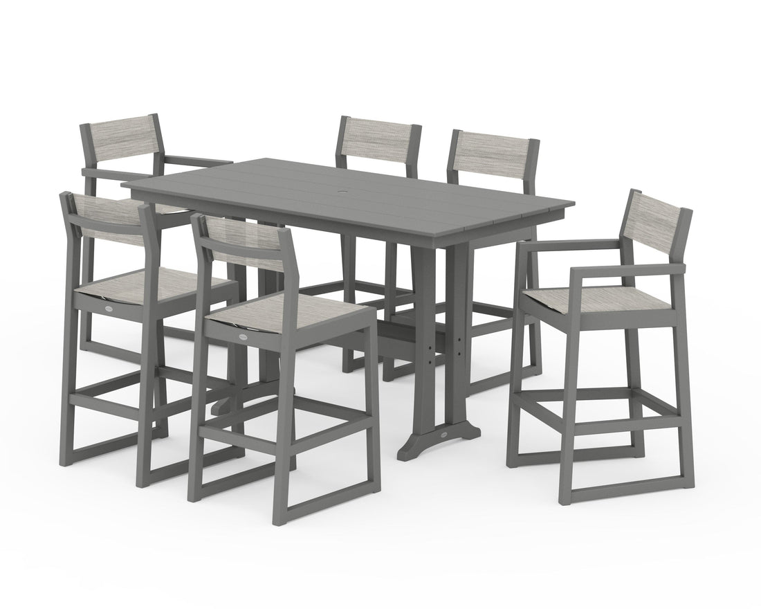 POLYWOOD EDGE Sling 7-Piece Farmhouse Bar Set with Trestle Legs in Slate Grey / Birch