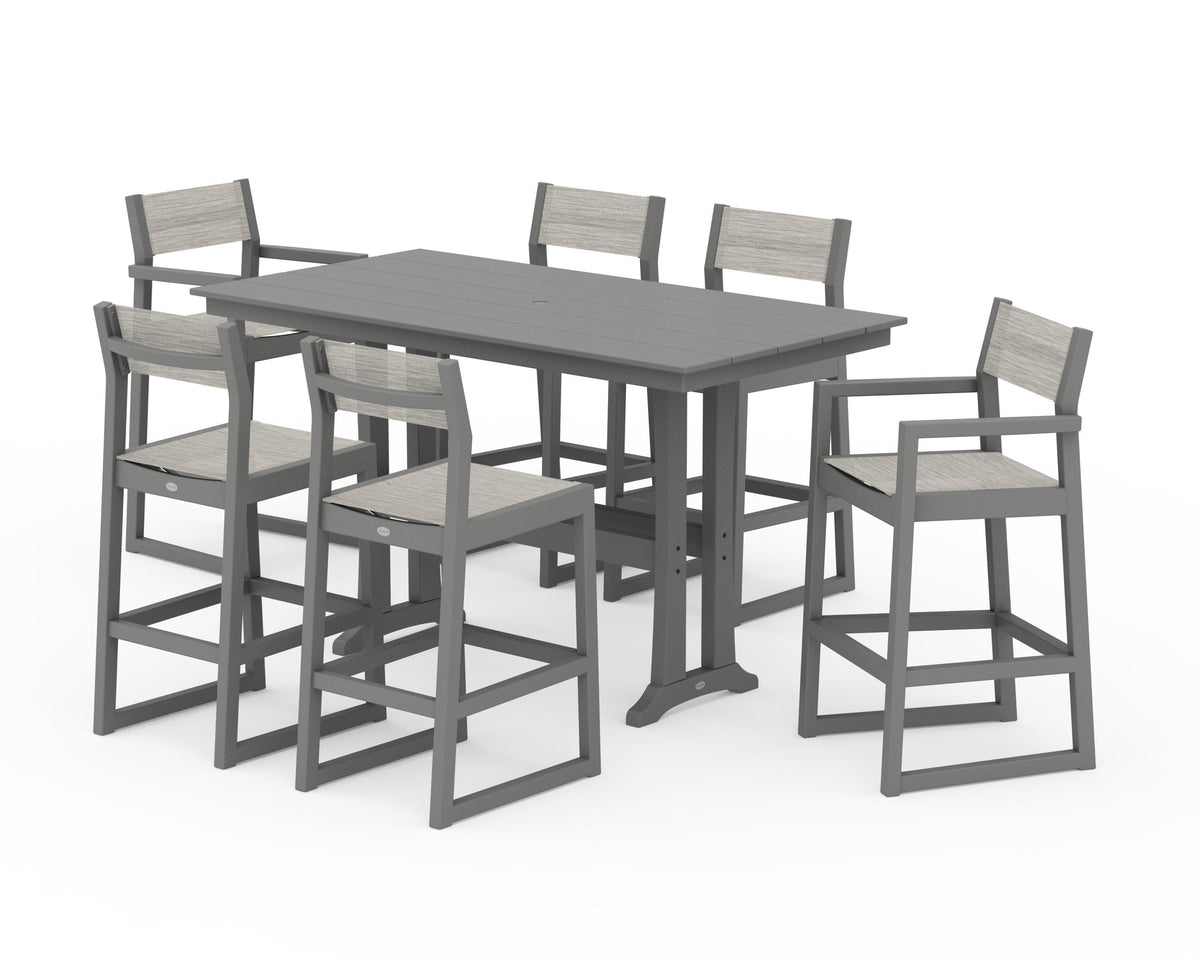 POLYWOOD EDGE Sling 7-Piece Farmhouse Bar Set with Trestle Legs in Slate Grey / Birch