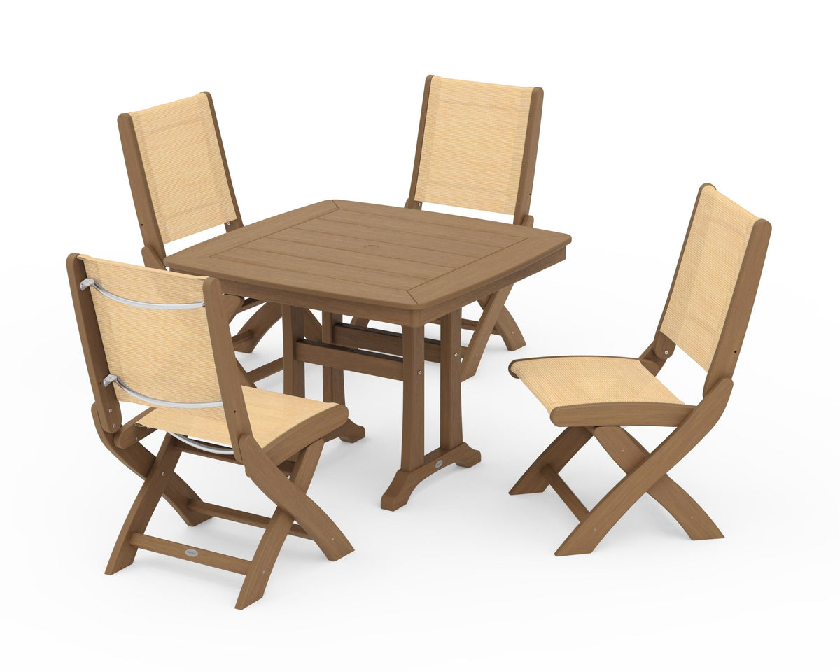 POLYWOOD Coastal Folding Side Chair 5-Piece Dining Set with Trestle Legs in Natural / Dupioni Apricot