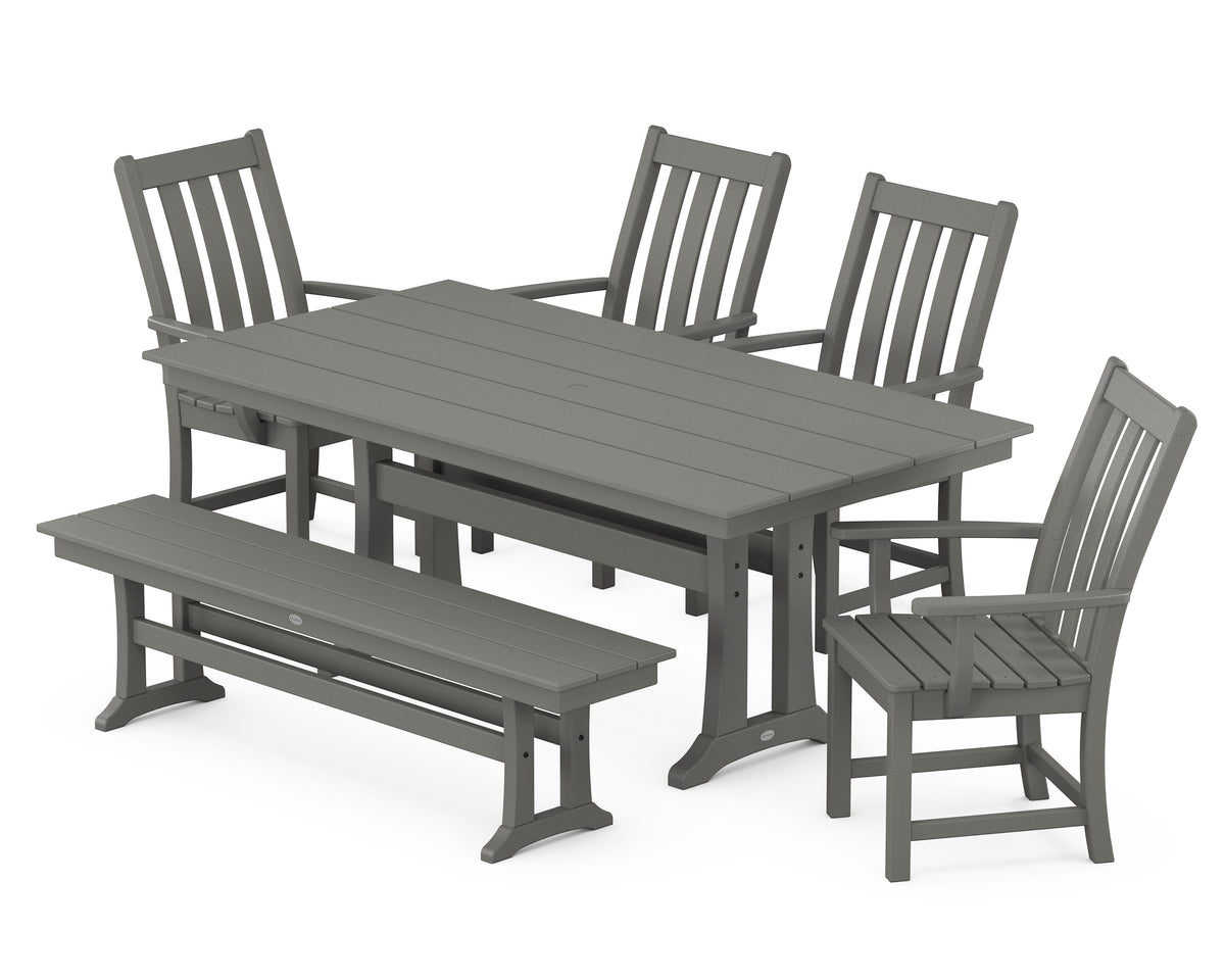 POLYWOOD Vineyard 6-Piece Arm Chair Farmhouse Dining Set with Trestle Legs and Bench in Slate Grey