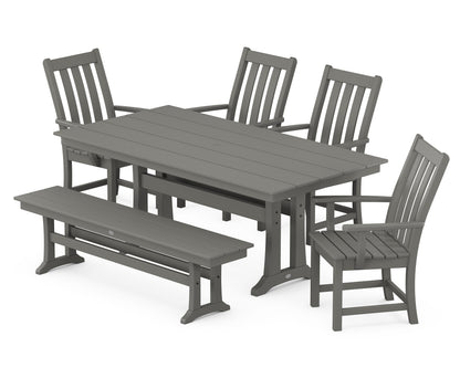 POLYWOOD Vineyard 6-Piece Arm Chair Farmhouse Dining Set with Trestle Legs and Bench in Slate Grey
