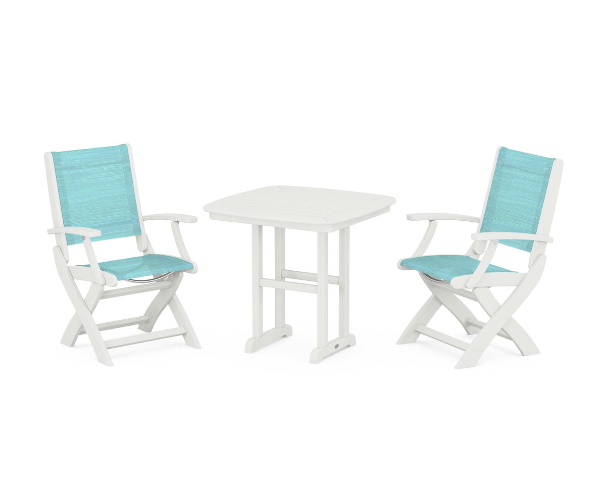 POLYWOOD Coastal Folding Chair 3-Piece Dining Set in Vintage White / Dupioni Aquamarine