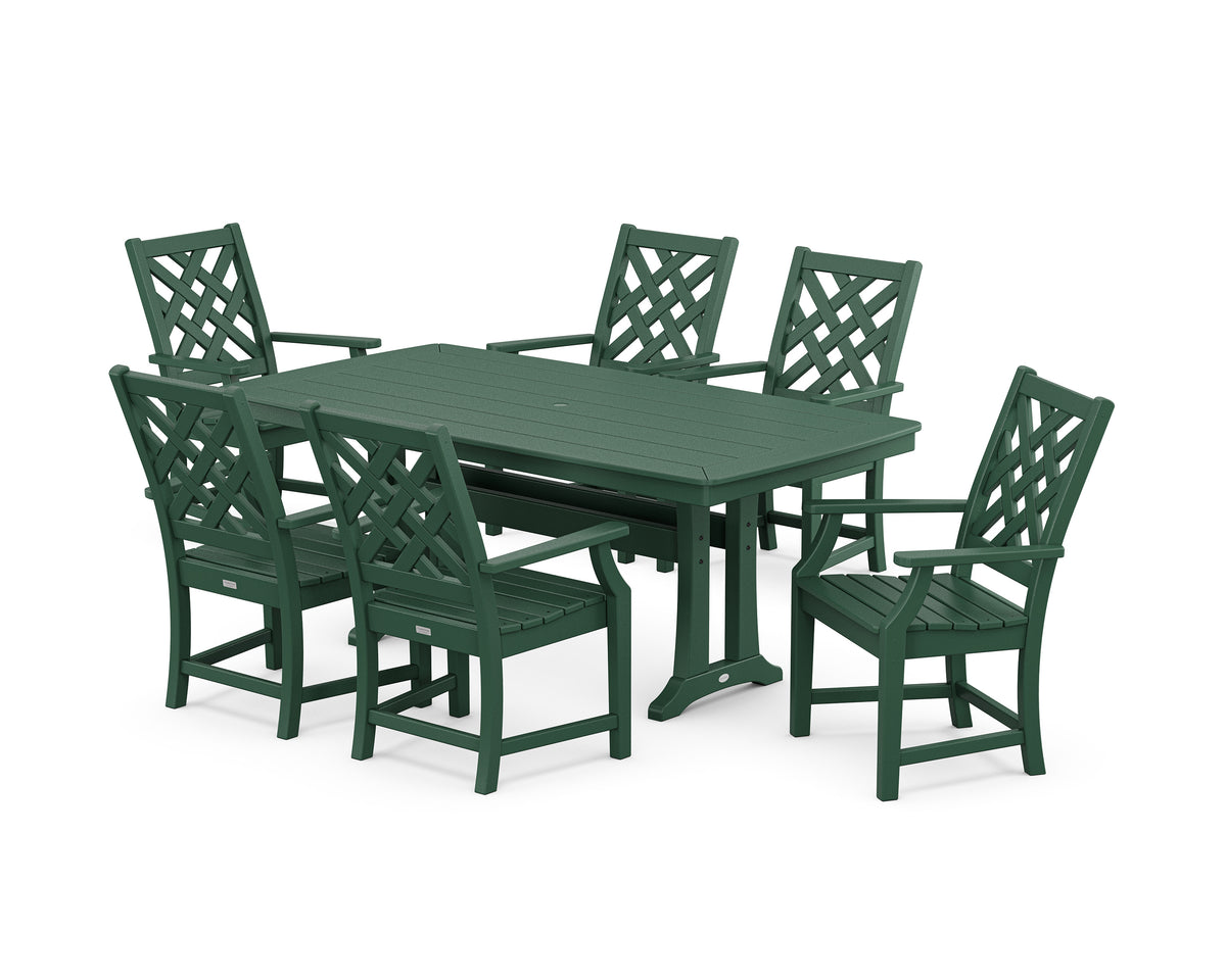 POLYWOOD Wovendale Arm Chair 7-Piece Dining Set with Trestle Legs in Green