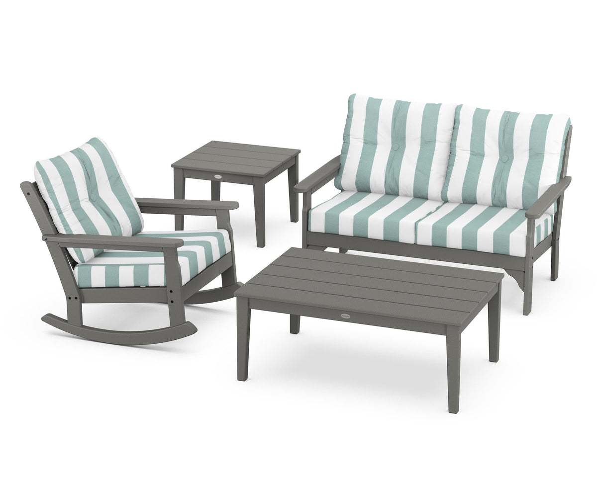 POLYWOOD Vineyard 4-Piece Deep Seating Rocker Set in Slate Grey / Cabana Stripe Glacier Spa