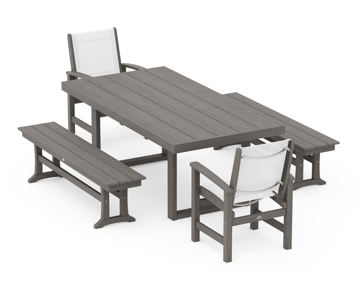 POLYWOOD Coastal 5-Piece Dining Set with Trestle Legs with EDGE 40" x 78" Dining Table in Driftwood / White