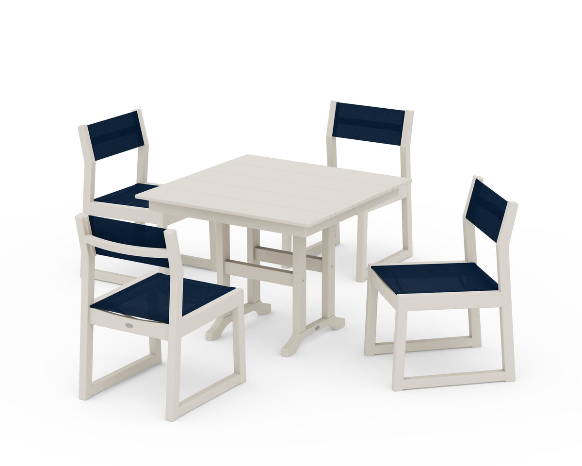 POLYWOOD EDGE Sling Side Chair 5-Piece Farmhouse Dining Set in Sand / Navy Blue