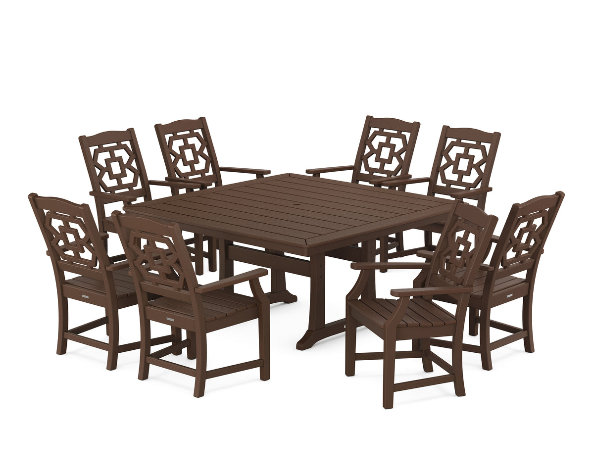 POLYWOOD Chinoiserie 9-Piece Square Dining Set with Trestle Legs in Mahogany