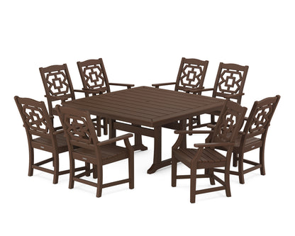 POLYWOOD Chinoiserie 9-Piece Square Dining Set with Trestle Legs in Mahogany