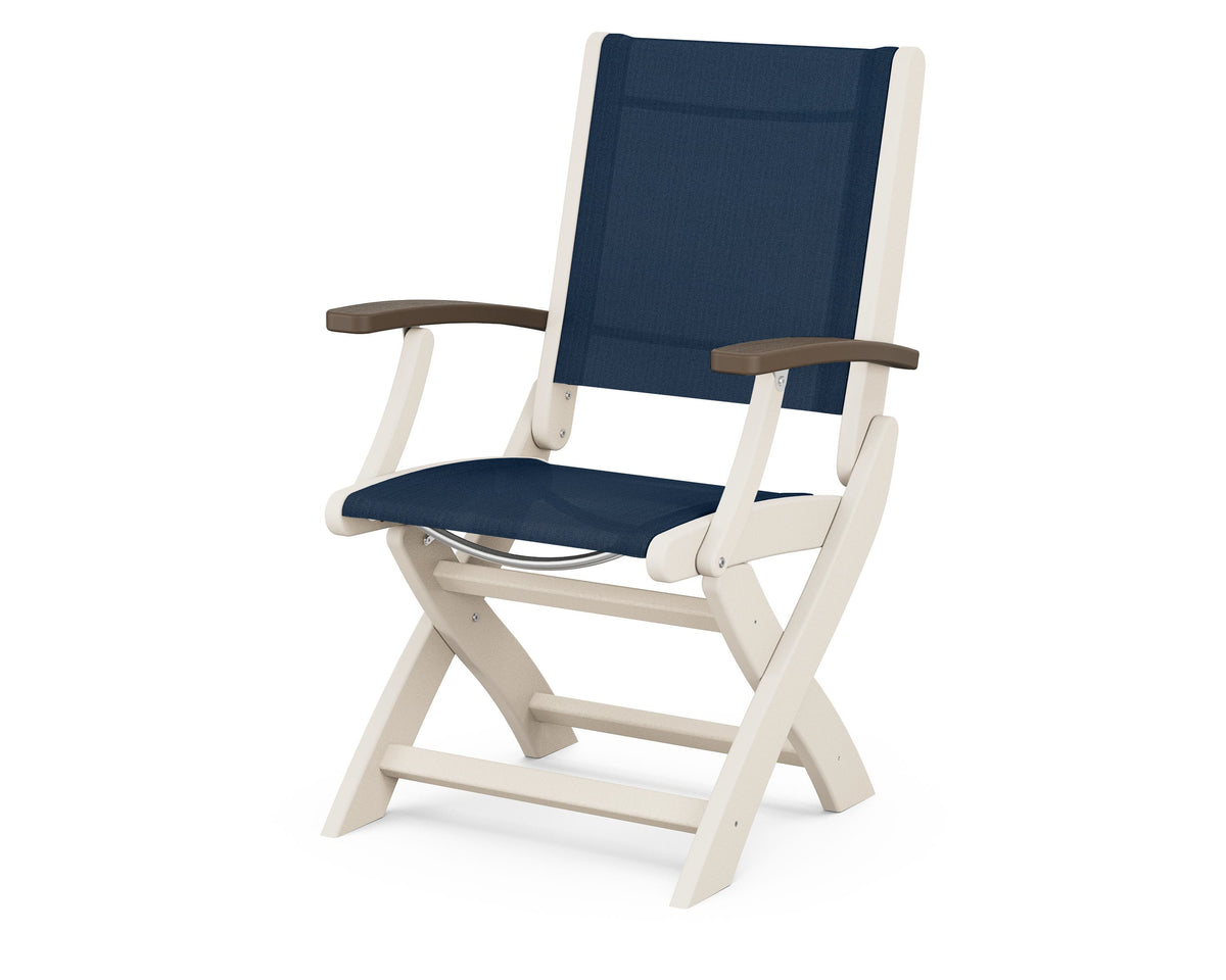 POLYWOOD Coastal Folding Chair in Sand with Kona arms and Navy Blue sling