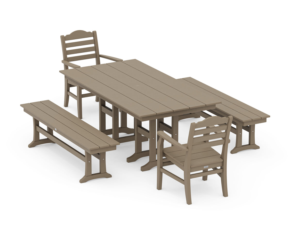 POLYWOOD Savannah 5-Piece Farmhouse Dining Set with Benches in Vintage Sahara