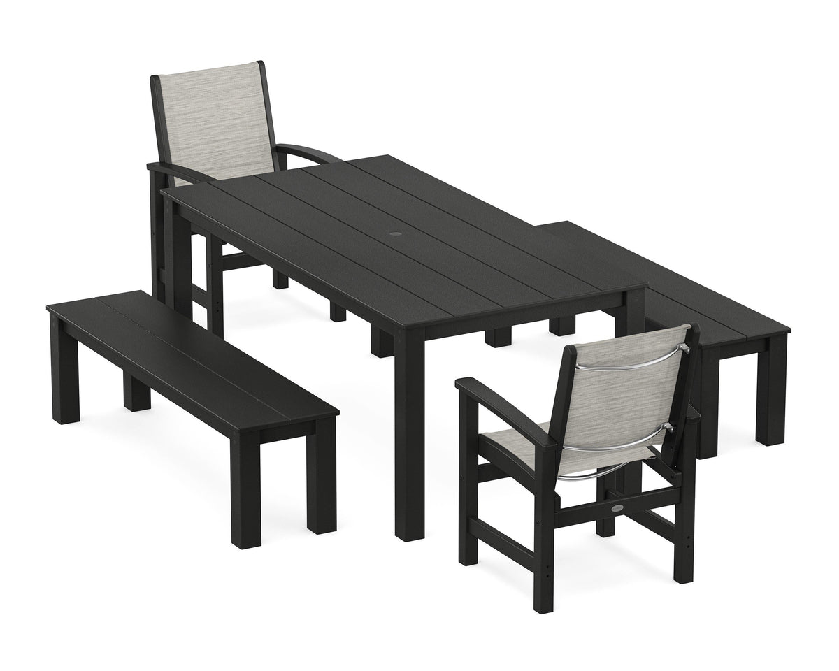 POLYWOOD Coastal 5-Piece Parsons Dining Set with Benches in Black / Birch