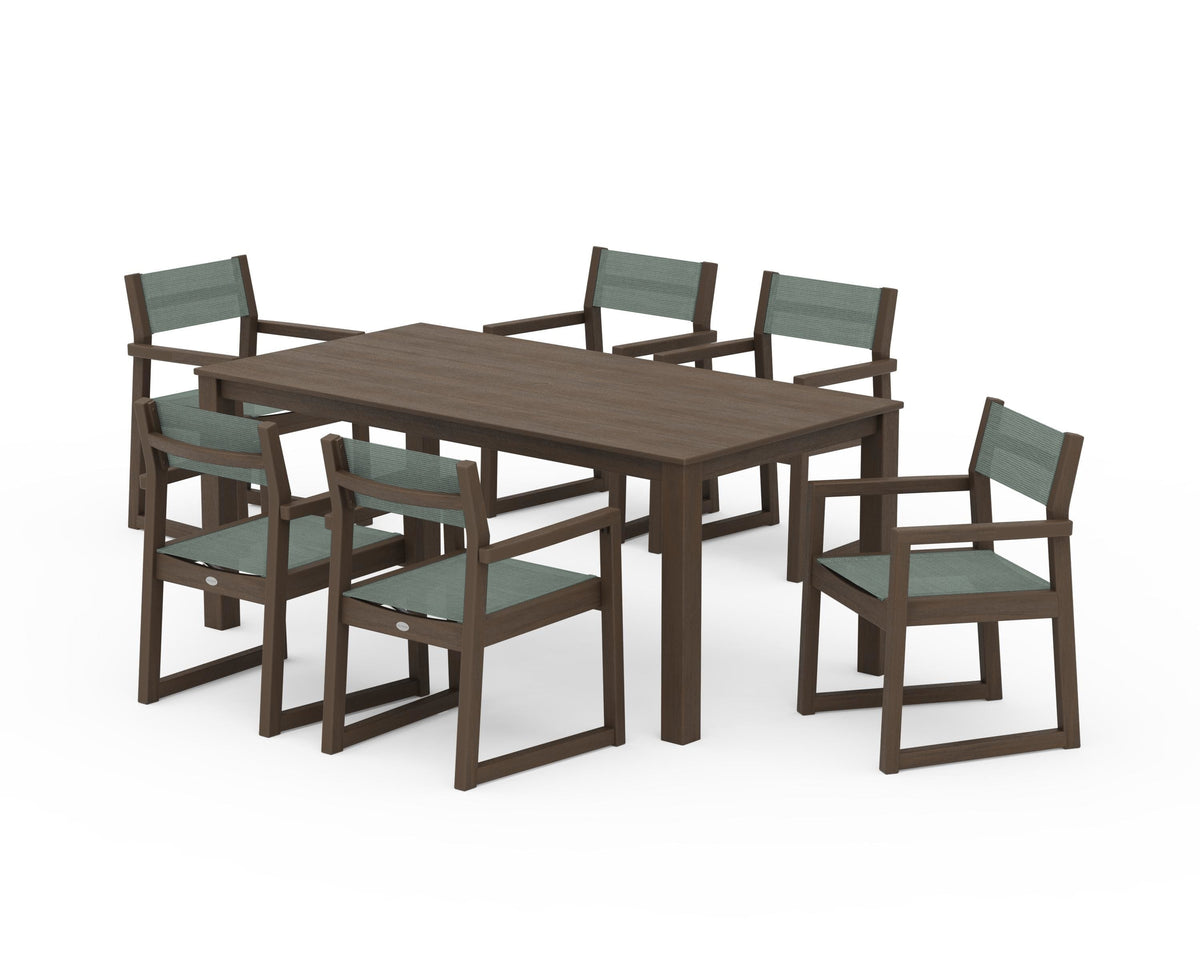 POLYWOOD EDGE Sling Arm Chair 7-Piece Parsons Dining Set in Kona / Dupioni Sea Mist