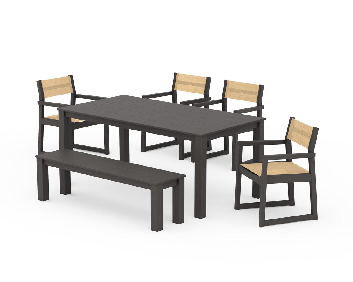POLYWOOD EDGE Sling Arm Chair 6-Piece Parsons Dining Set with Bench in Vintage Coffee / Dupioni Apricot