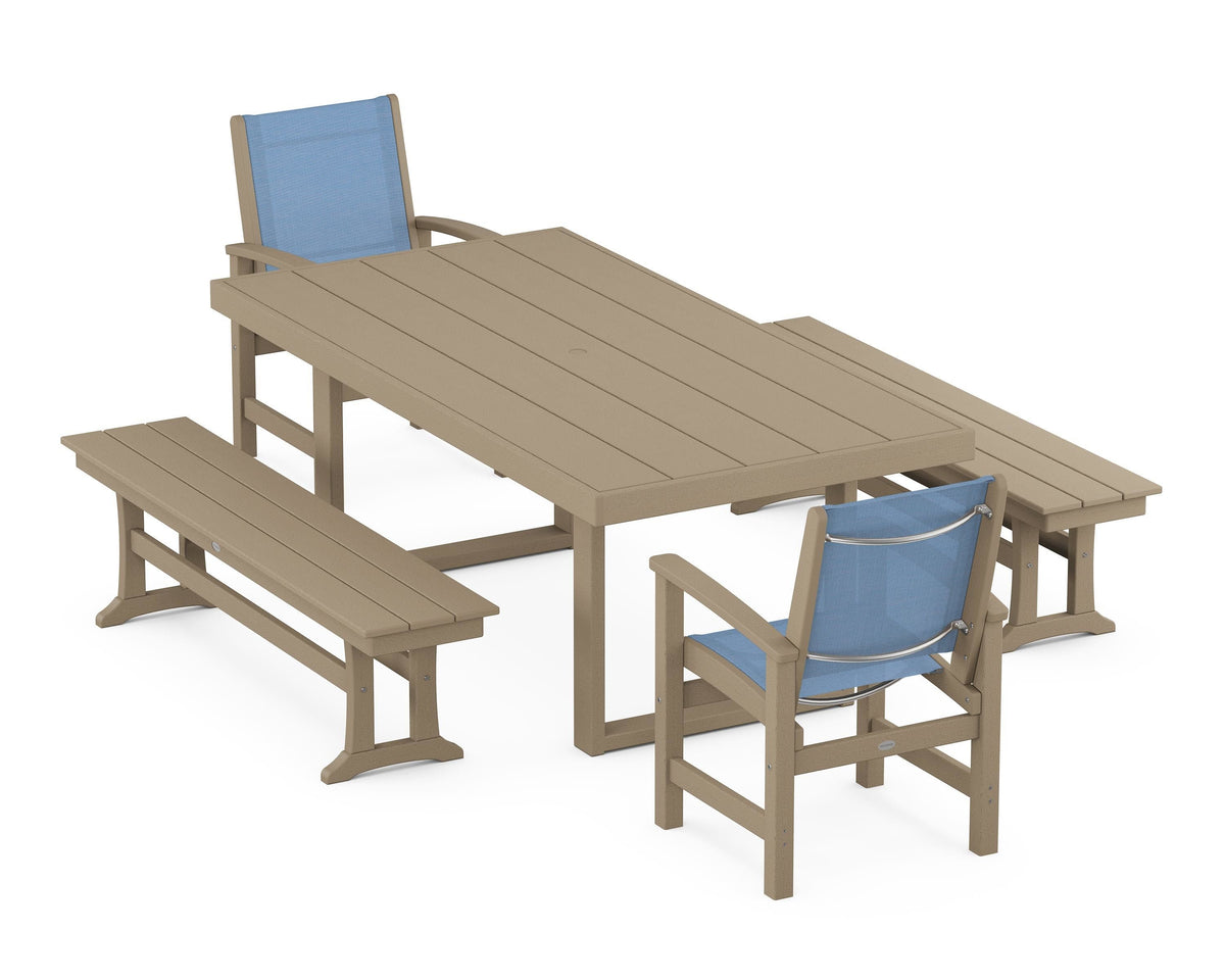 POLYWOOD Coastal 5-Piece Dining Set with Trestle Legs with EDGE 40" x 78" Dining Table in Vintage Sahara / Poolside