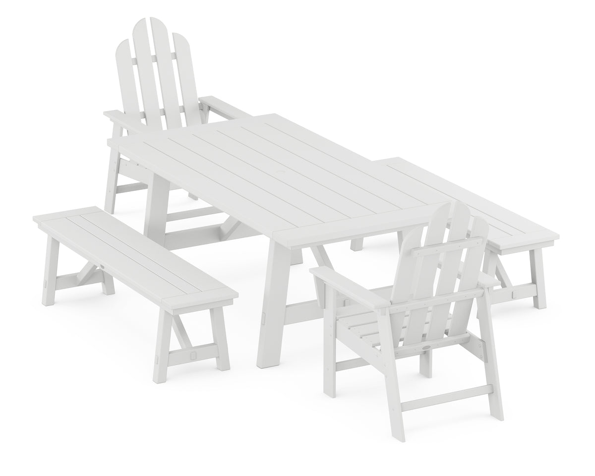 POLYWOOD Long Island 5-Piece Rustic Farmhouse Dining Set with Benches in White
