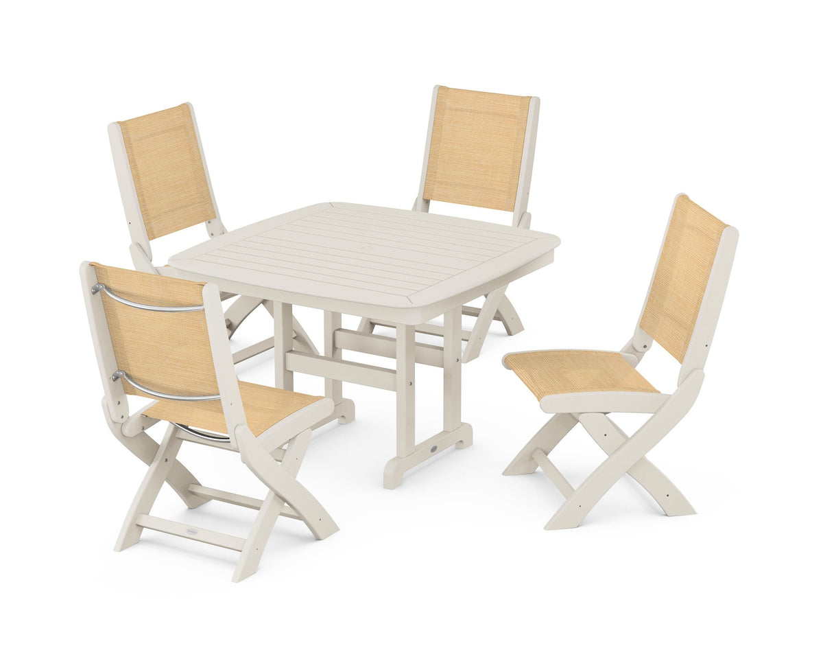 POLYWOOD Coastal Folding Side Chair 5-Piece Dining Set with Nautical 44" Dining Table in Sand / Dupioni Apricot
