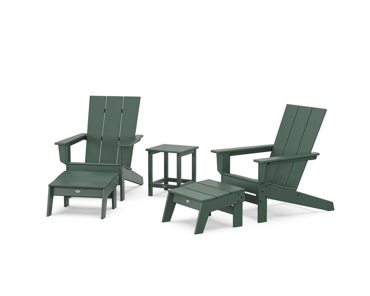 POLYWOOD 5-Piece Modern Studio Adirondack Set with Ottomans and Side Table in Green