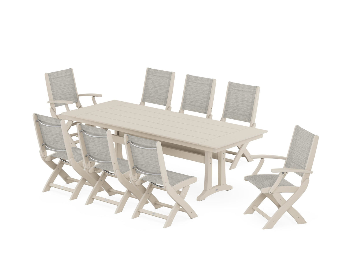 POLYWOOD Coastal 9-Piece Folding Dining Chair Farmhouse Dining Set with Trestle Legs in Sand / Birch